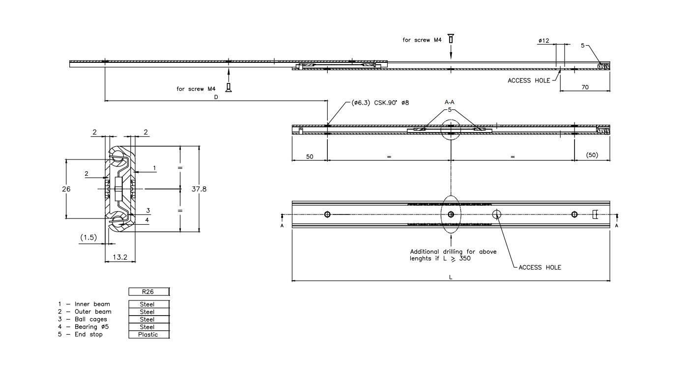 Drawer Slide, steel, extension lenght  =520 mm and load capacity of 70 kg