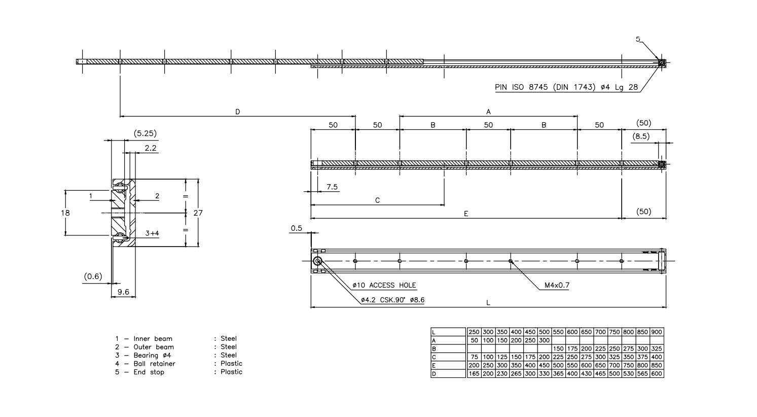 Drawer Slide, steel, extension lenght  =330 mm and load capacity of 85 kg