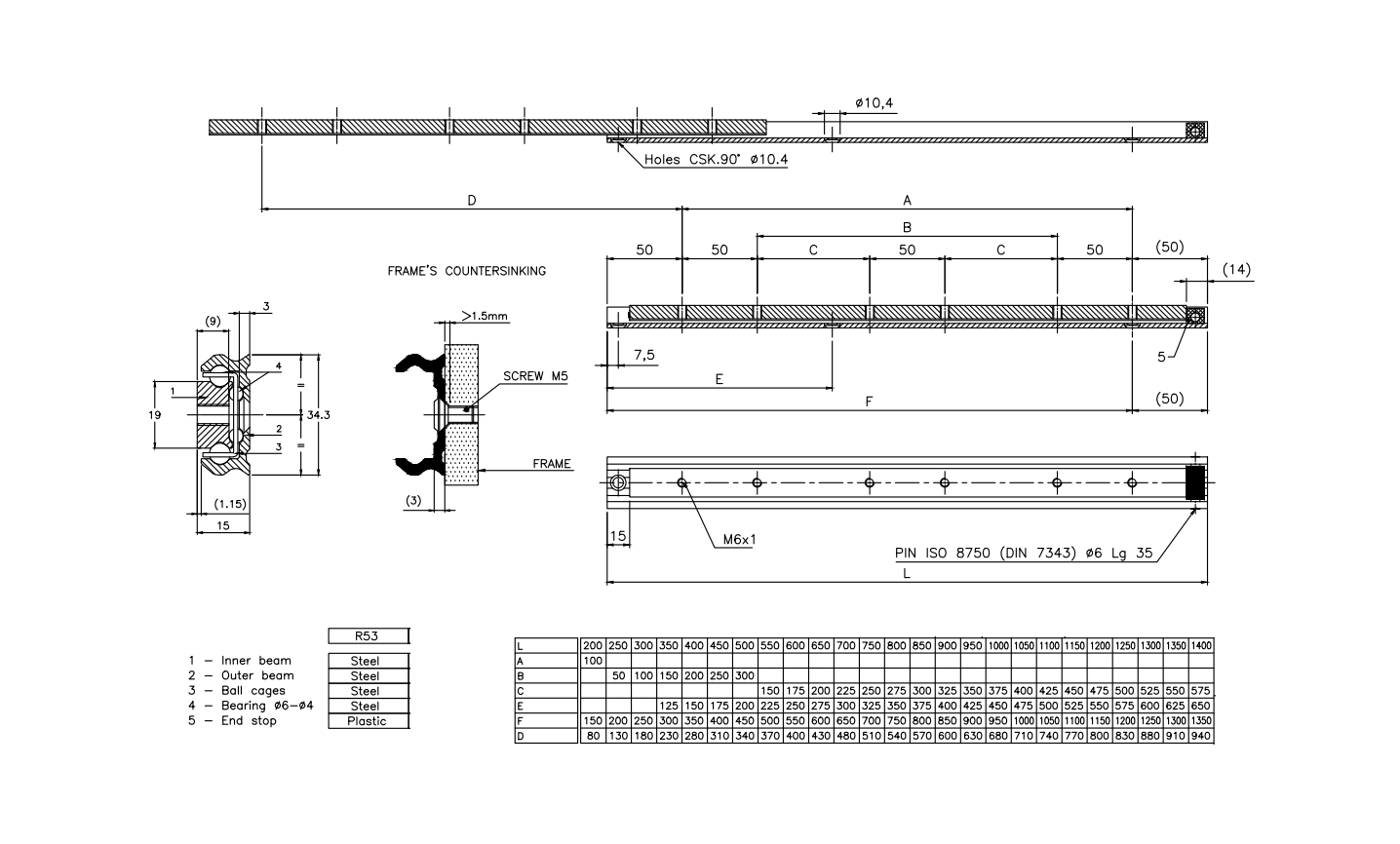 Drawer Slide, steel, extension lenght  =600 mm and load capacity of 136 kg