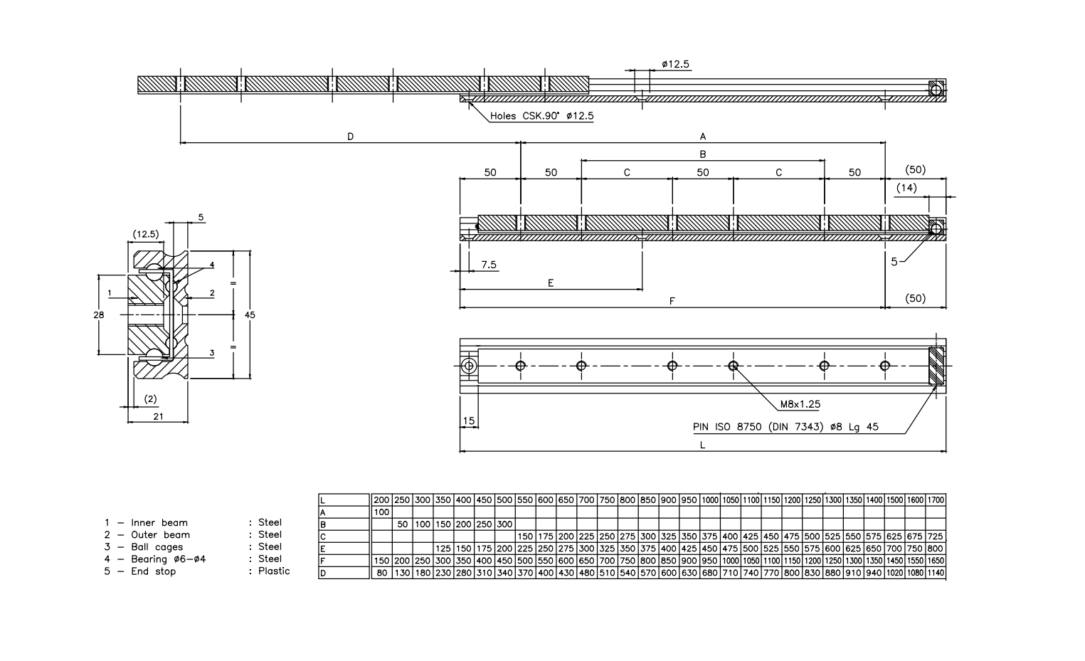 Drawer Slide, steel, extension lenght  =600 mm and load capacity of 224 kg