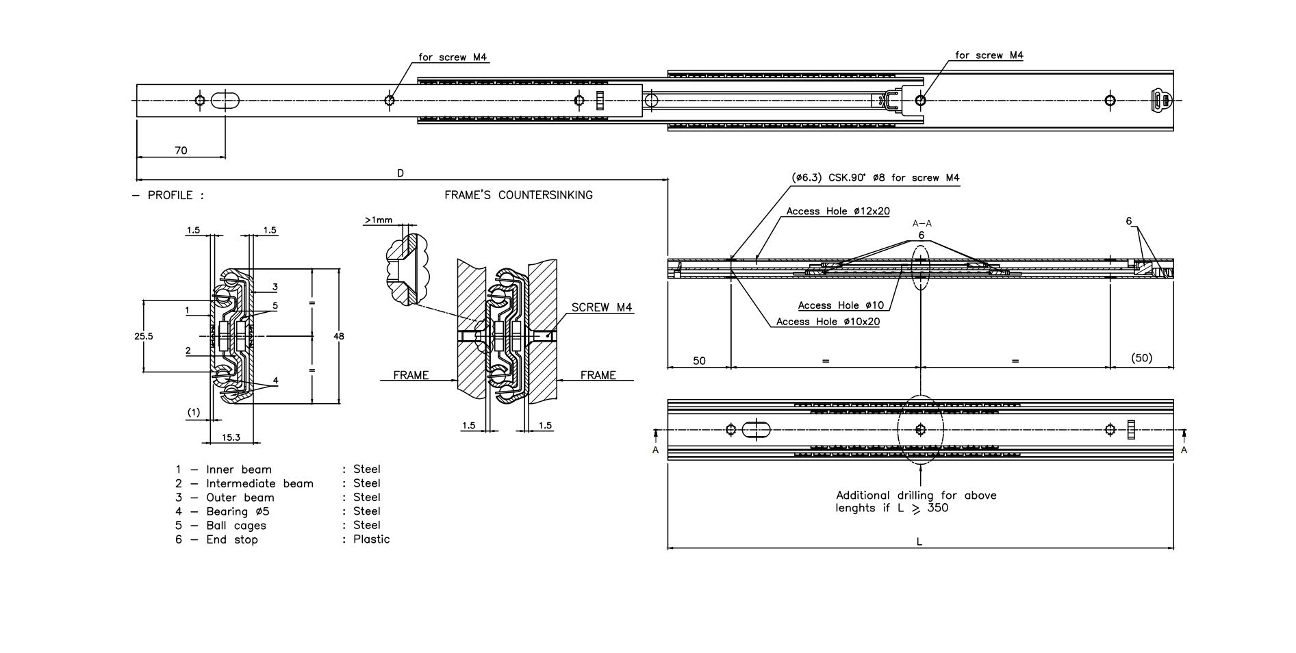 Drawer Slide, steel, extension lenght  =215 mm and load capacity of 45 kg