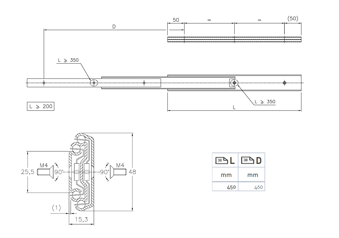 Drawer Slide, steel, extension length =460 mm and load capacity of 60 kg