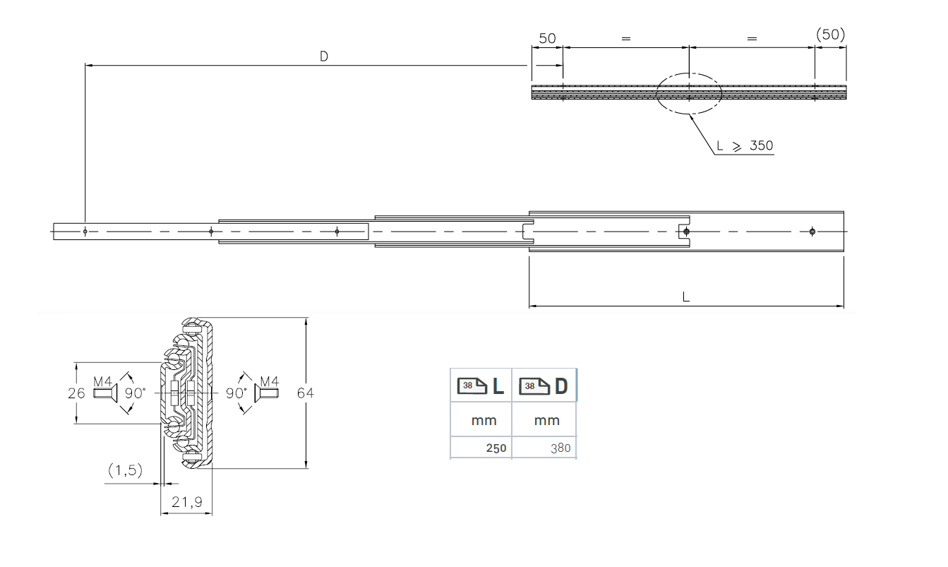 Drawer Slide, steel, extension length =380 mm and load capacity of 50 kg