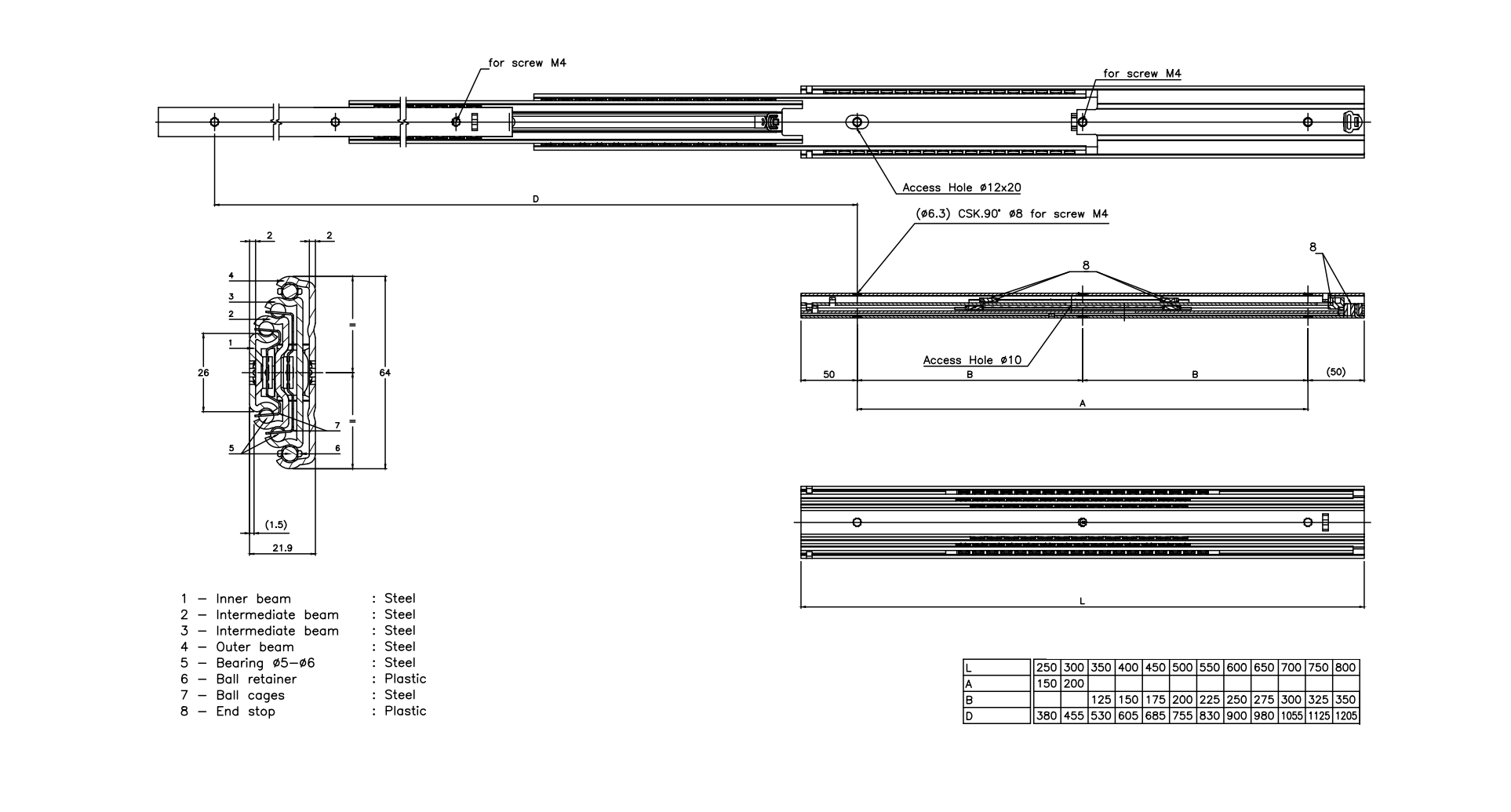 Drawer Slide, steel, extension lenght  =755 mm and load capacity of 52 kg