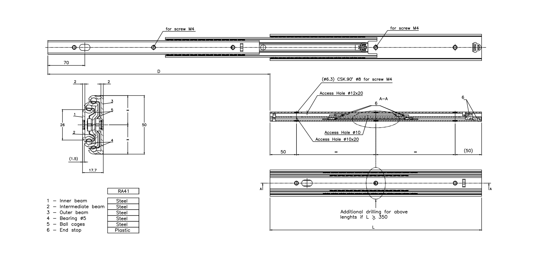Drawer Slide, steel, extension lenght  =570 mm and load capacity of 72 kg