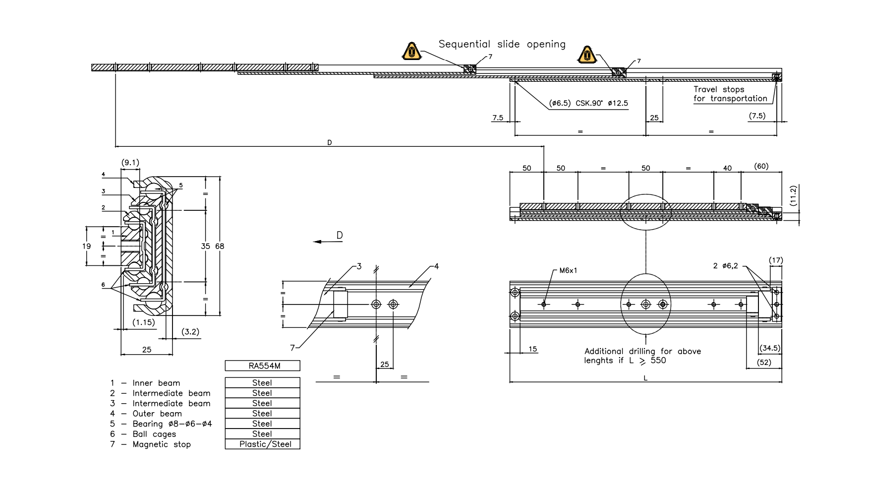 Drawer Slide, steel, extension lenght  =1000 mm and load capacity of 105 kg