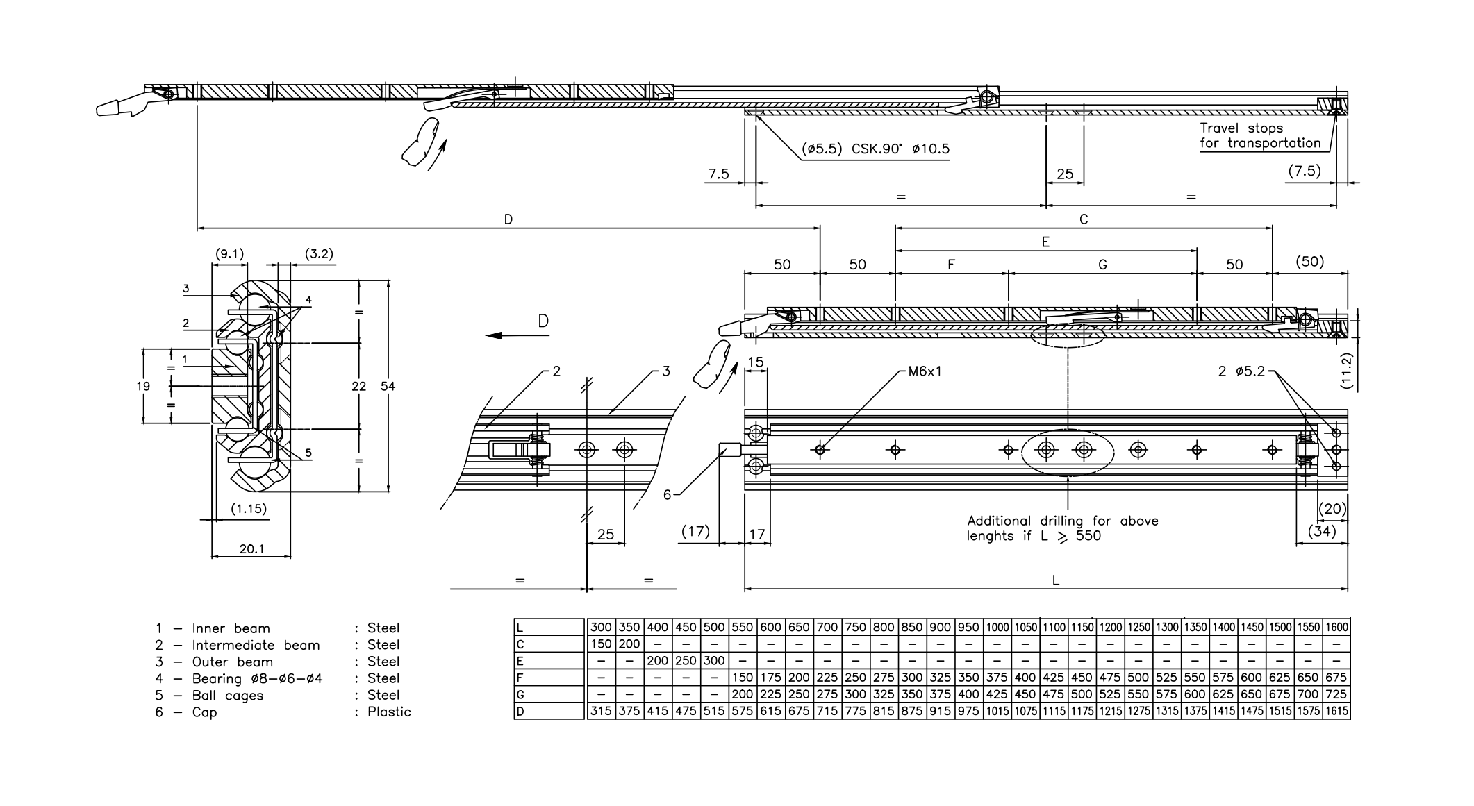 Drawer Slide, steel, extension lenght  =315 mm and load capacity of 150 kg