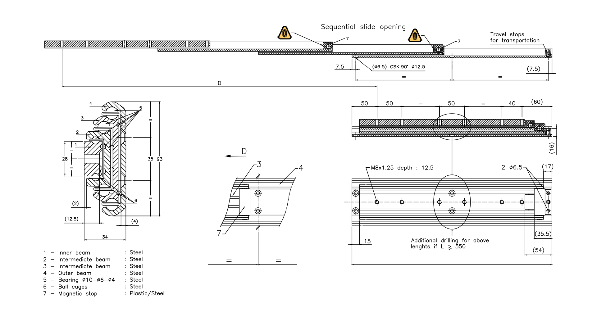 Drawer Slide, steel, extension lenght  =1600 mm and load capacity of 112 kg