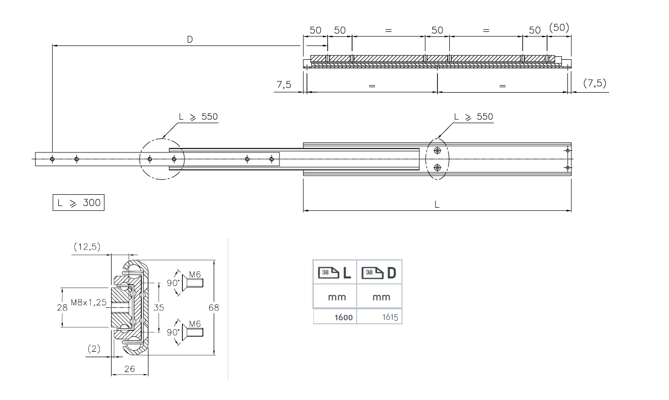 Drawer Slide, steel, extension length =1615 mm and load capacity of 110 kg