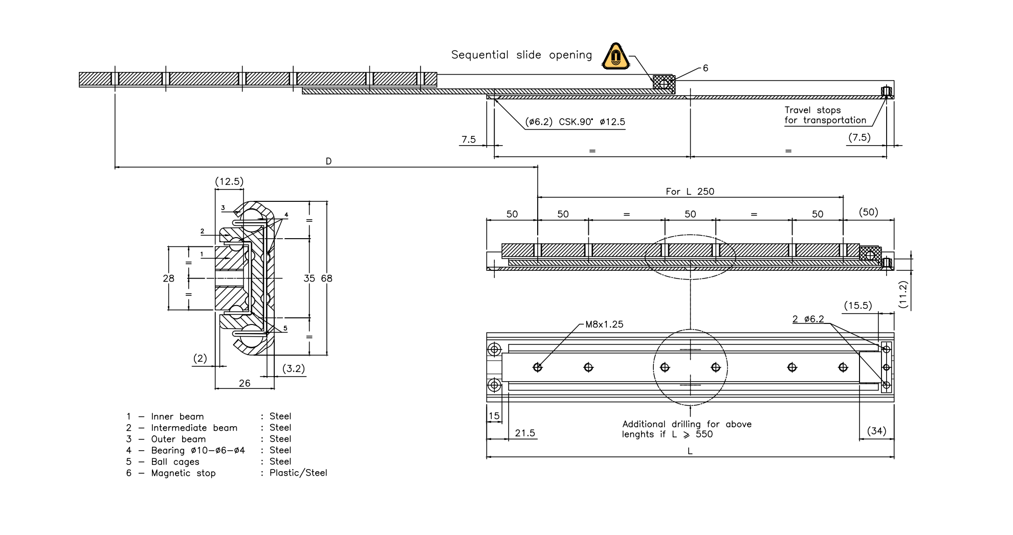 Drawer Slide, steel, extension lenght  =515 mm and load capacity of 350 kg