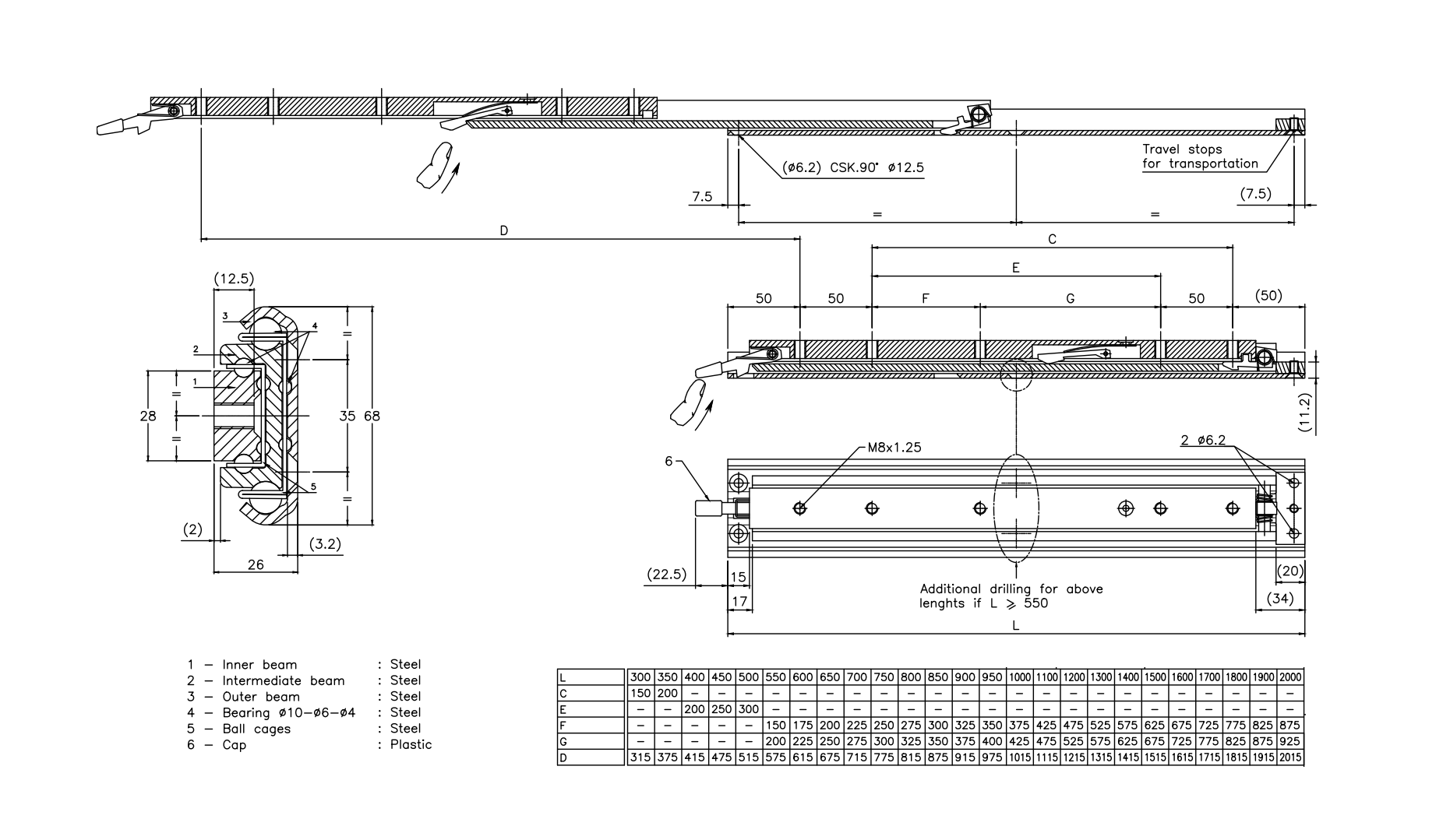 Drawer Slide, steel, extension lenght  =1015 mm and load capacity of 250 kg
