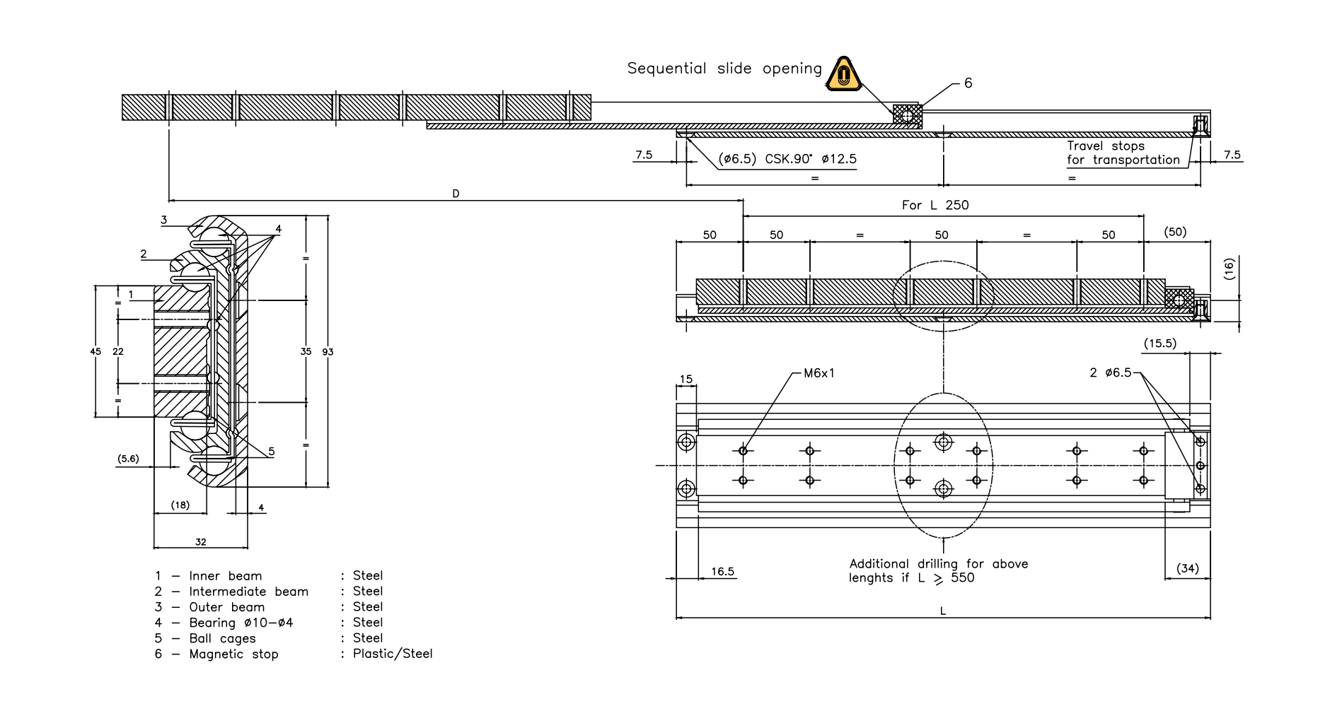 Drawer Slide, steel, extension lenght  =1415 mm and load capacity of 220 kg