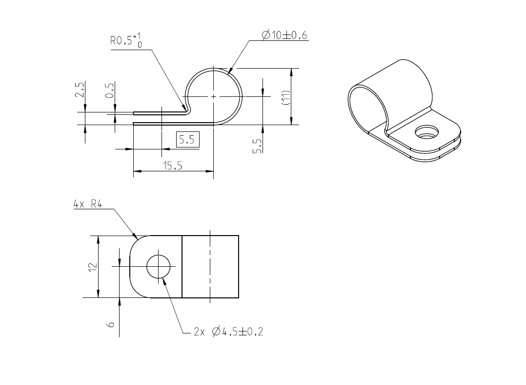Rubber clamp without rubber inlay, stainless steel, D=10mm, B=12mm, hole D=4,5mm, E=10mm