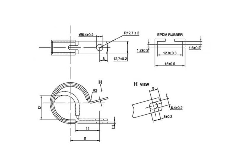 Rubber clamp with rubber inlay, steel, hot-dip galvanized , D=17,5mm, B=12,7mm, hole D=6,4mm, E=21,8mm