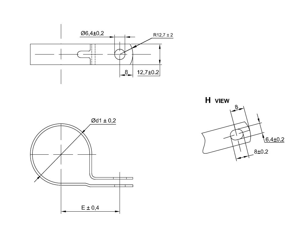 Rubber clamp without rubber inlay, steel, hot-dip galvanized , D=6,4mm, B=12,7mm, hole D=6,4mm, E=14,9mm