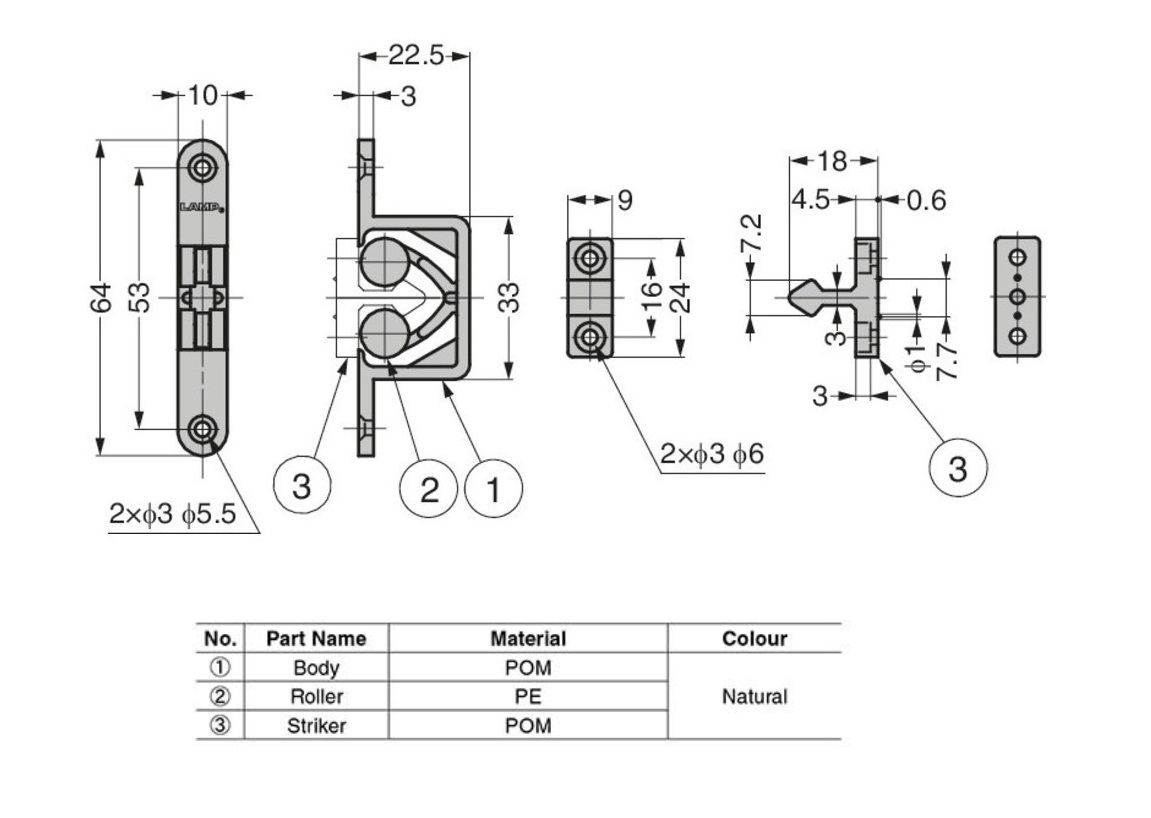 Knuckle catch, pom plastic, screw mounting, length=64, width=10, height=22,5