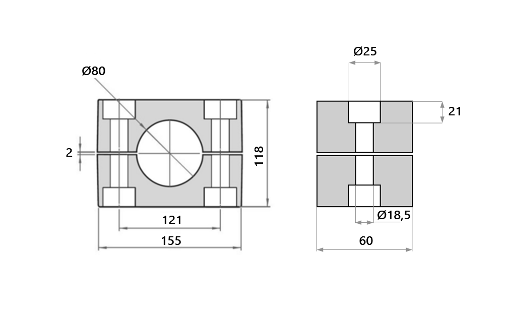 Pipe clamp without rubber inlay, glass fiber reinforced polyamide, 18,5, diameter range: 80-80mm
