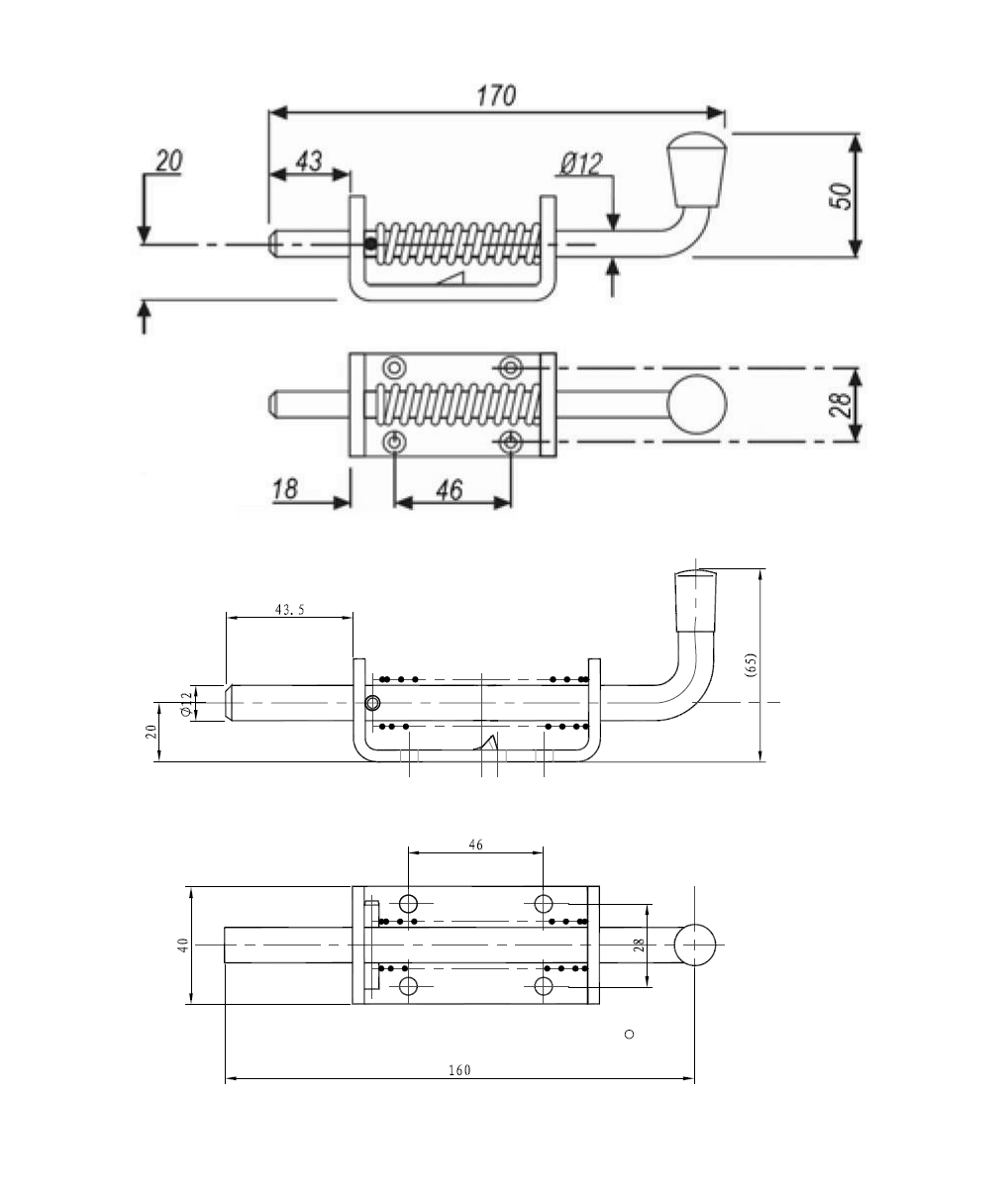Sliding bolt, stainless steel, screw mounting, length=170