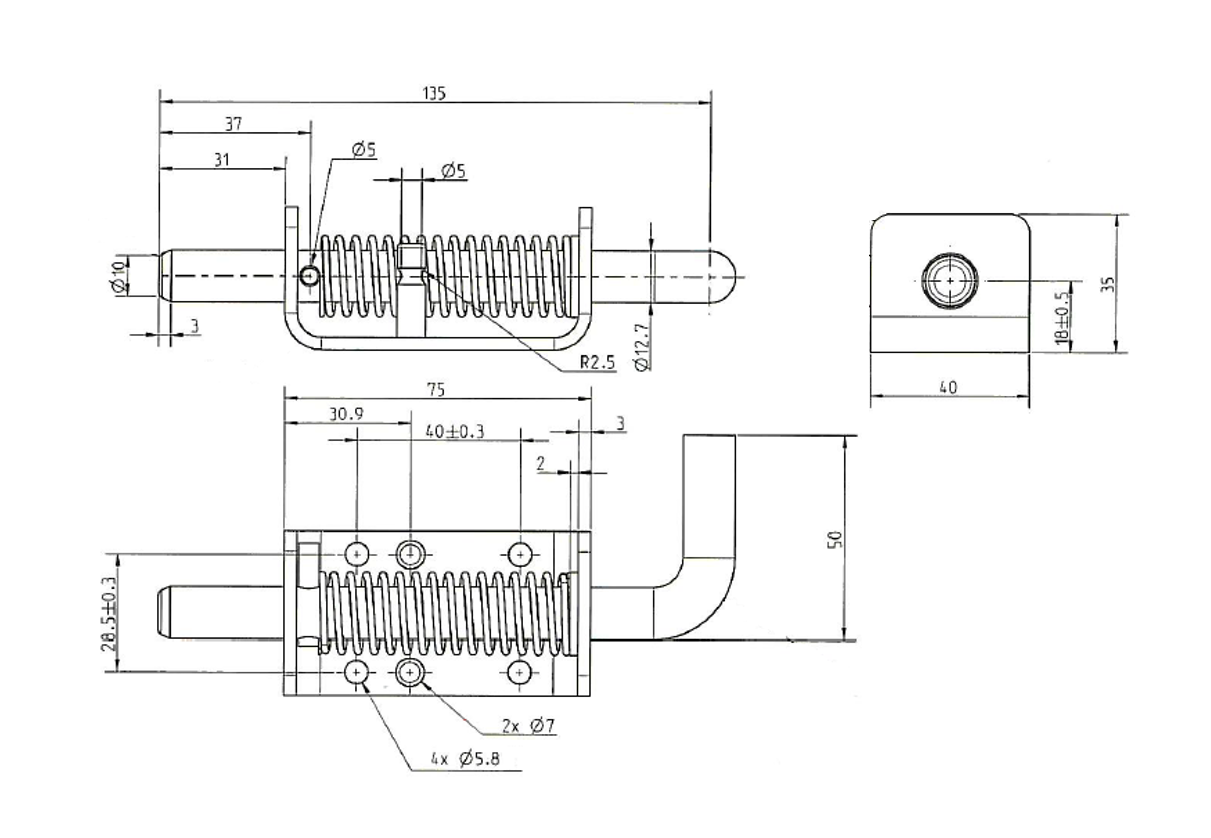 Sliding bolt, steel, screw mounting, length=135, width=40, height=35