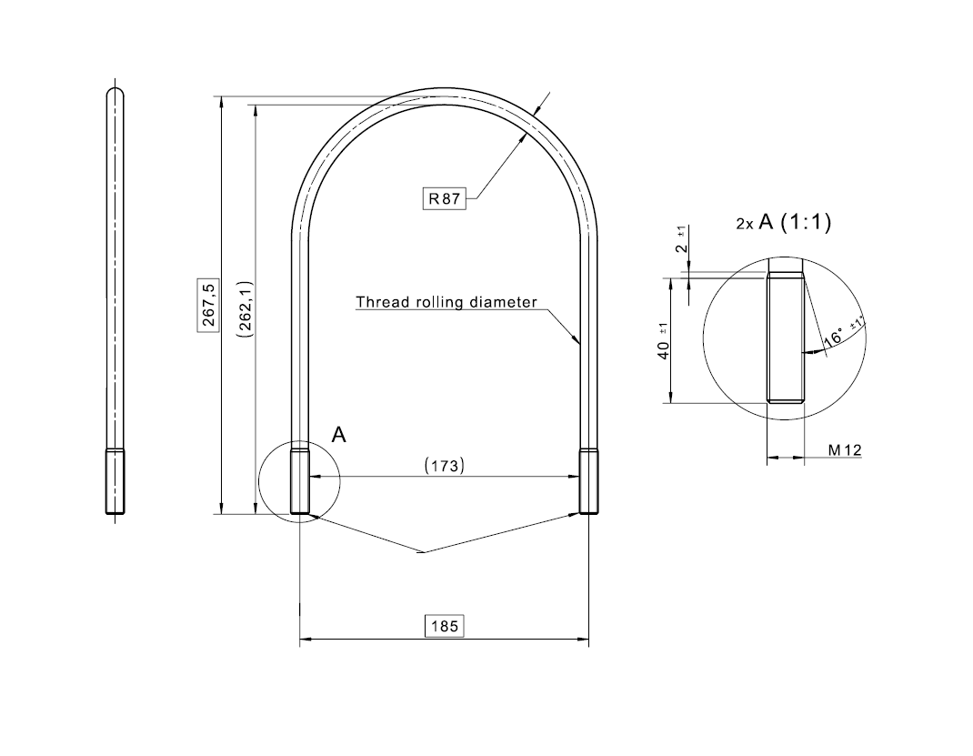 Tube clamp, acid proof stainless steel, M12x40mm, IW=173mm, IH=262,1mm