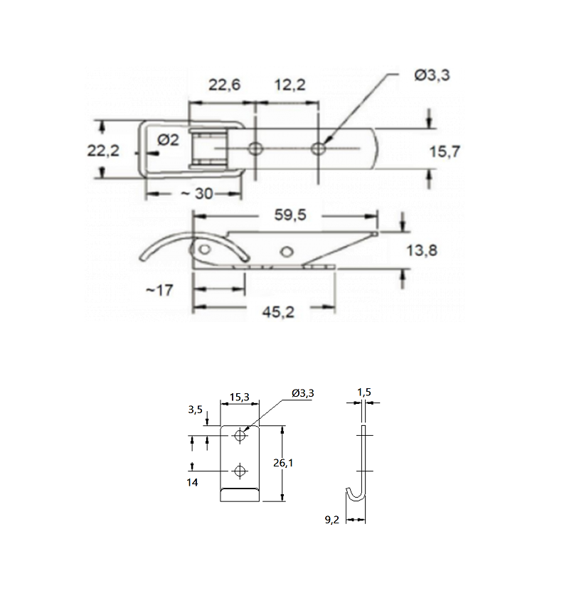 Toggle latch, steel, L=75, B=22,2, H=13,8, not adjustable