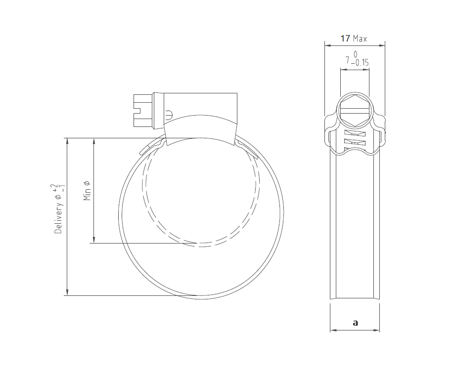 Complete hose clamp, electro zinc plated steel, Diameter range: 26-38mm, torque= 5Nm