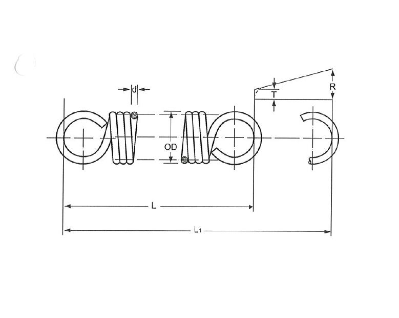 Extension spring, stainless steel, d=2,92mm, Dm=28,83mm, Lo=165,1mm