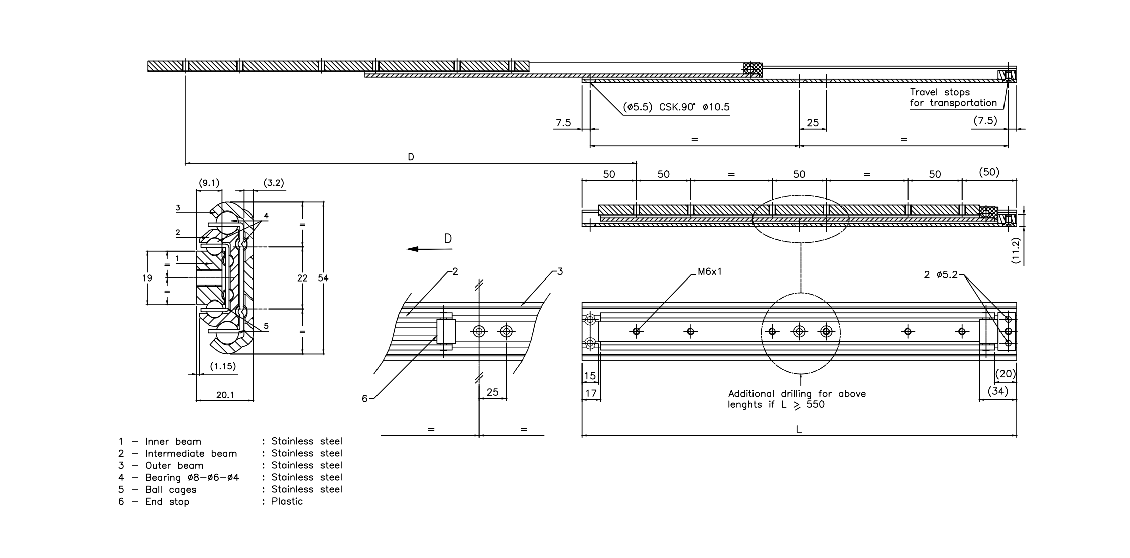 Drawer Slide, stainless steel, extension lenght  =675 mm and load capacity of 174 kg