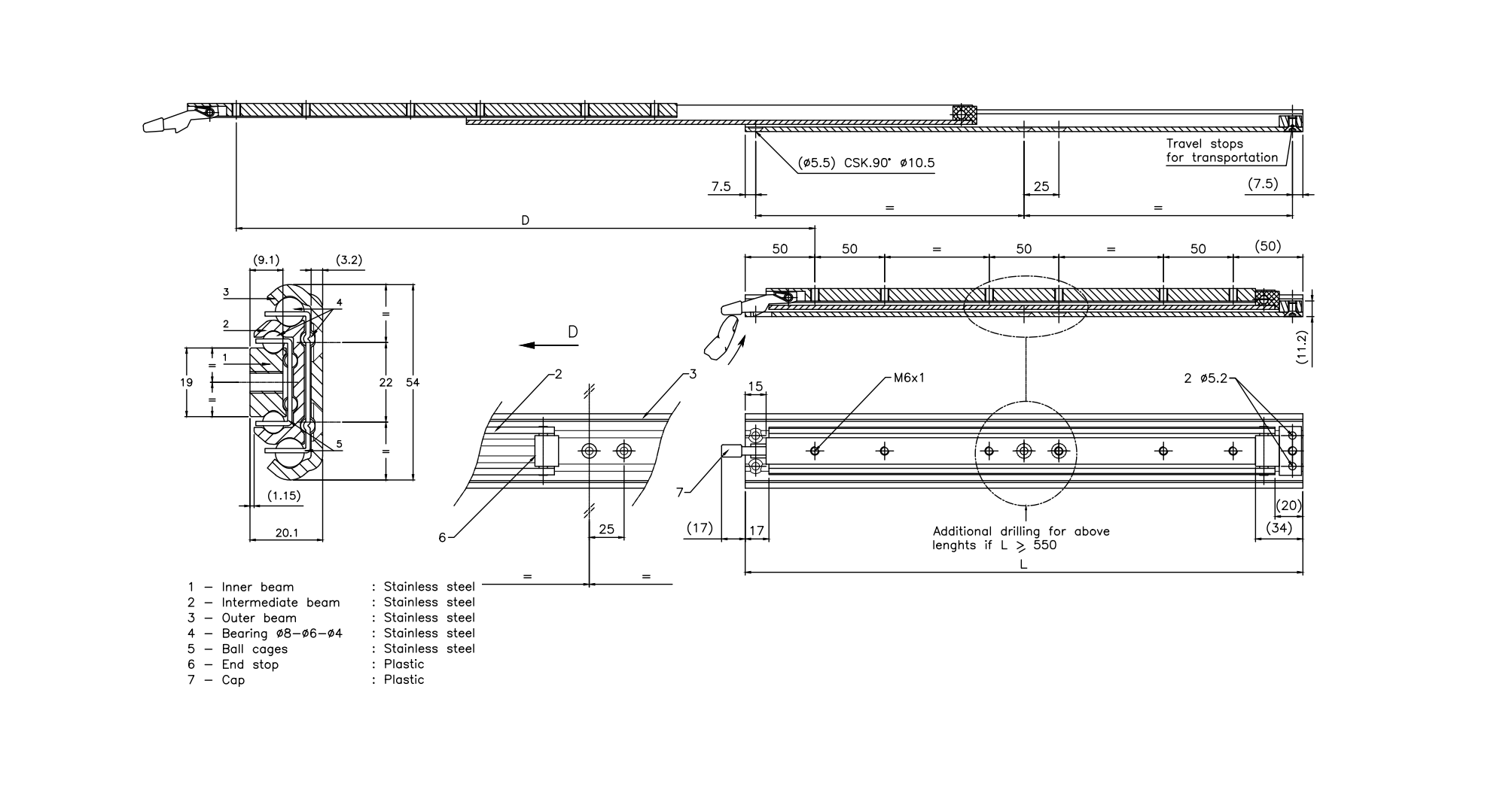 Drawer Slide, stainless steel, extension lenght  =515 mm and load capacity of 174 kg