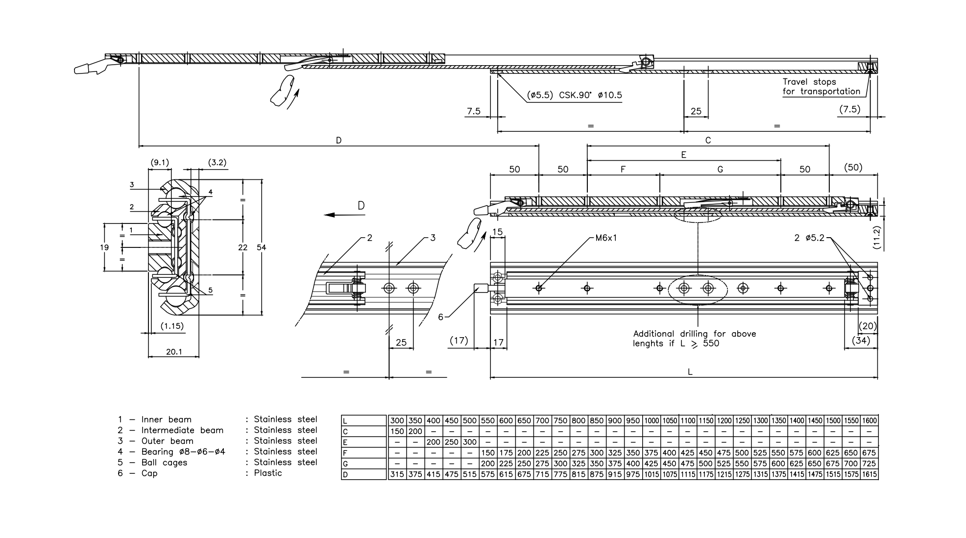 Drawer Slide, stainless steel, extension lenght  =615 mm and load capacity of 175 kg