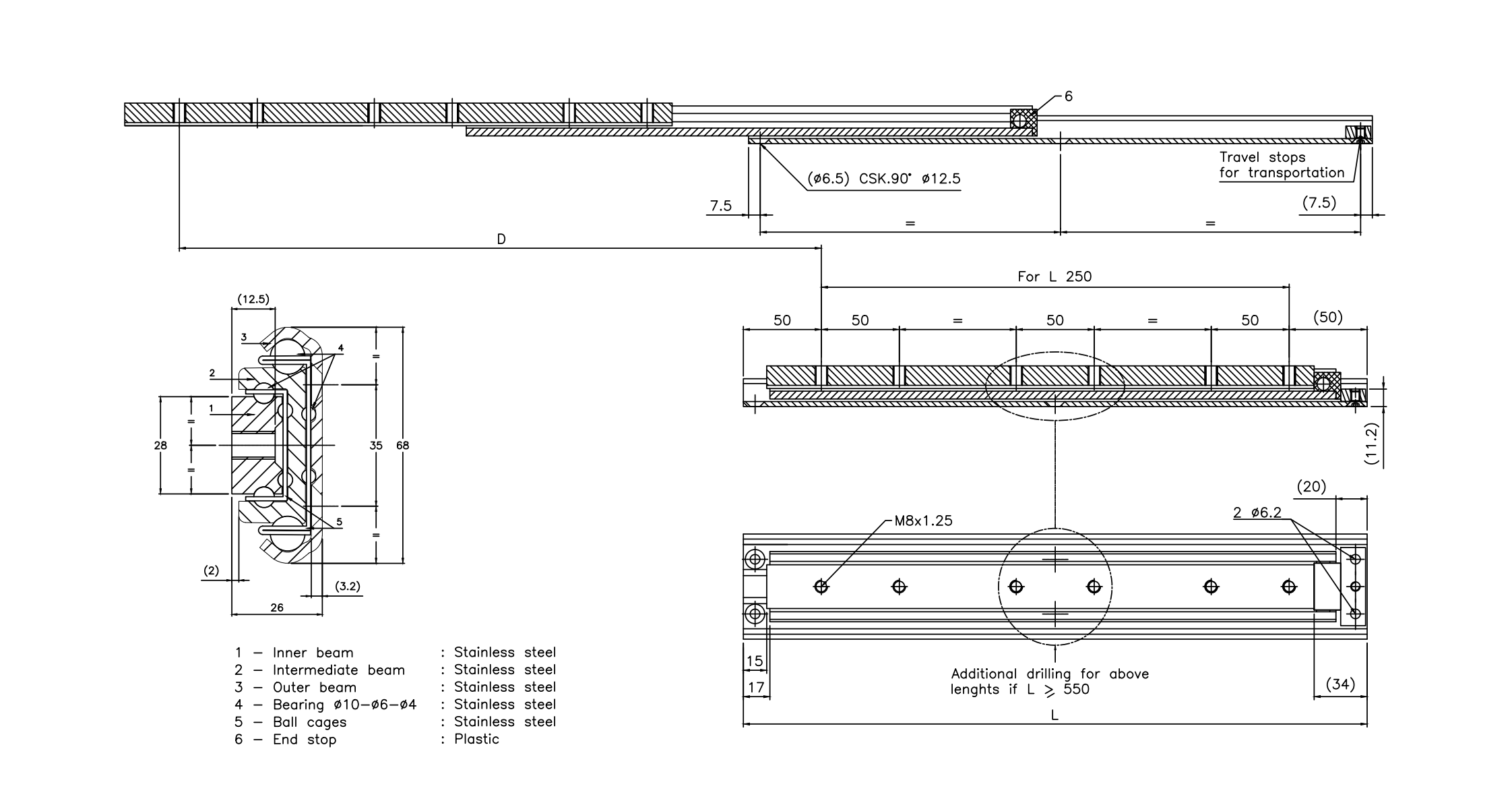 Drawer Slide, stainless steel, extension lenght  =615 mm and load capacity of 350 kg