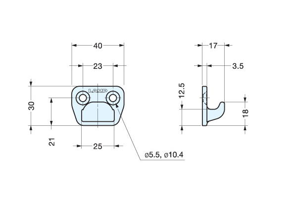 Catch plate, polished acid proof stainless steel, flat mounting, L=30mm, B=40mm, H=17mm