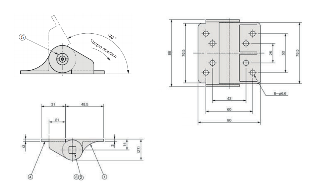 Hinge with damping, die-cast zinc, top mounting, torque=5, L=86, B=80