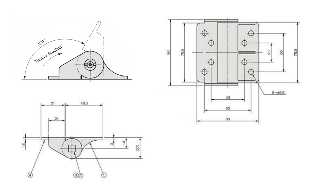 Hinge with damping, die-cast zinc, inside mounting, torque=10, L=86, B=80