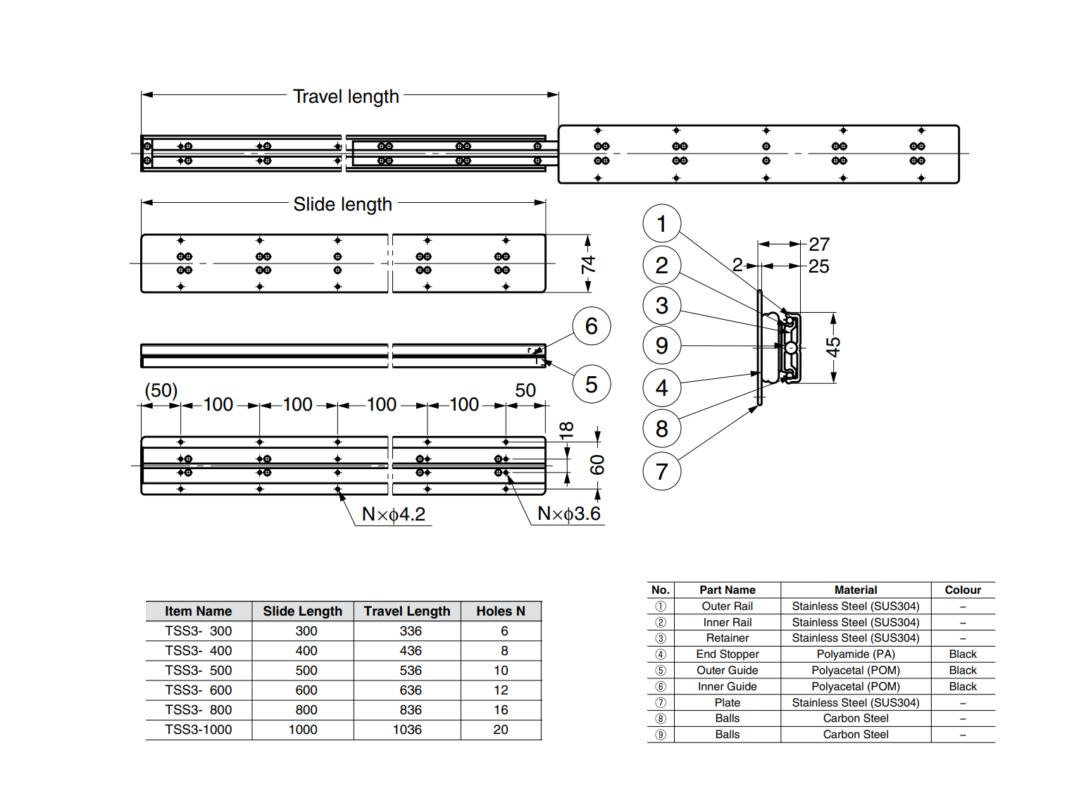 Drawer Slide, stainless steel, extension lenght  =336 mm and load capacity of 95 kg