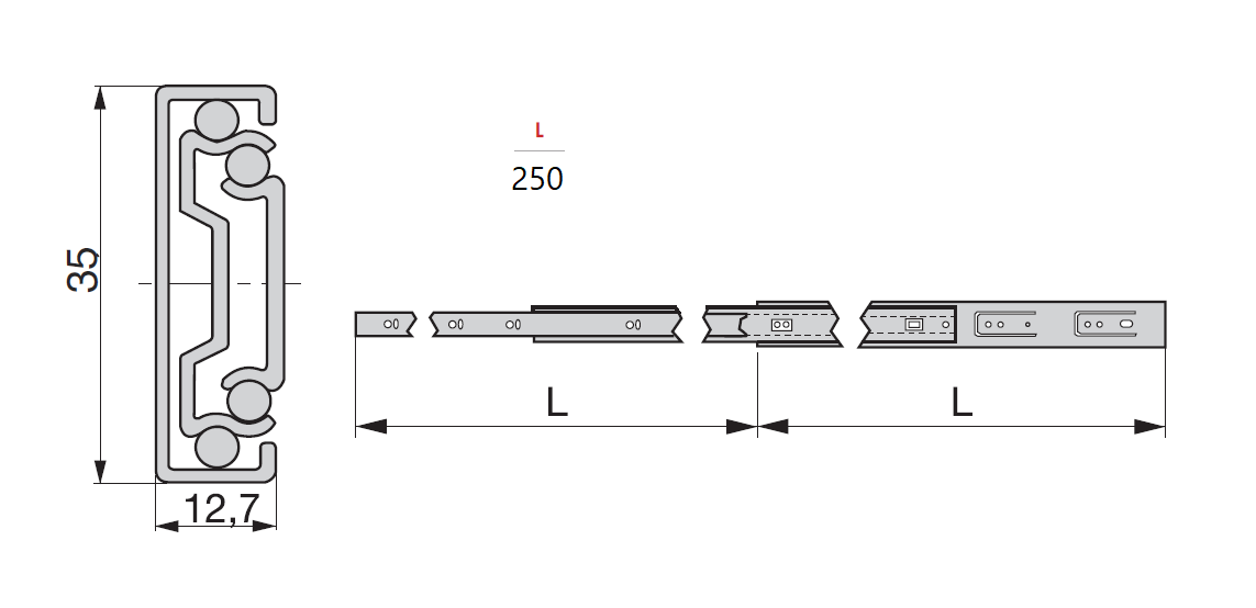 Drawer Slide, steel, extension length =250 mm and load capacity of 25 kg