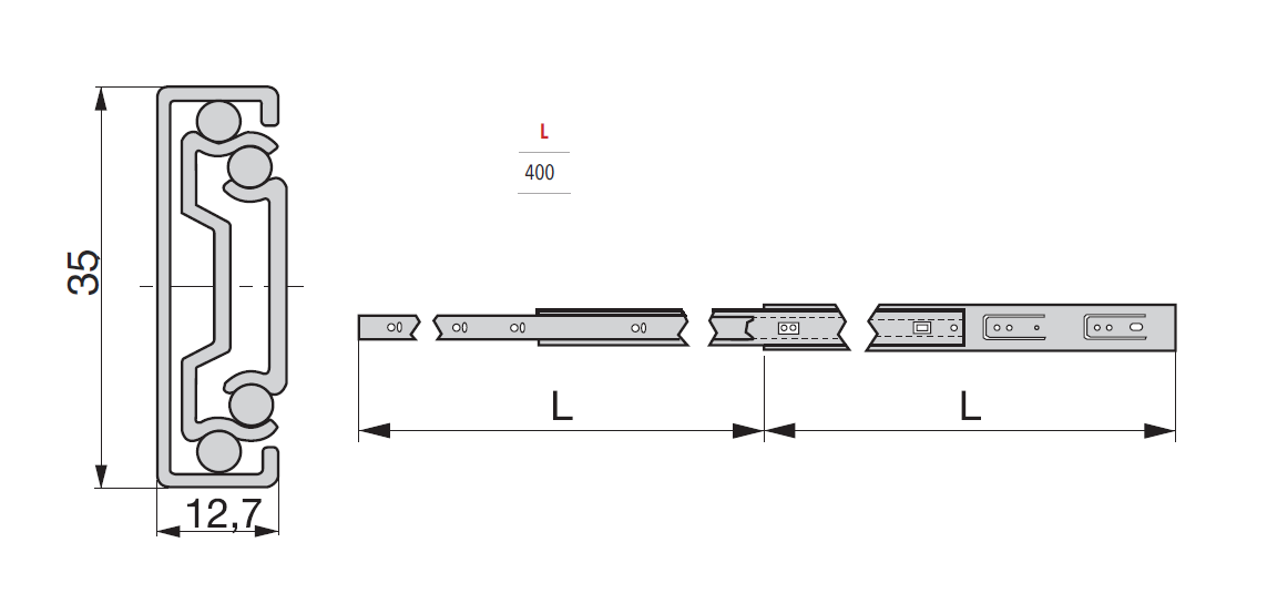 Drawer Slide, steel, extension length =400 mm and load capacity of 25 kg