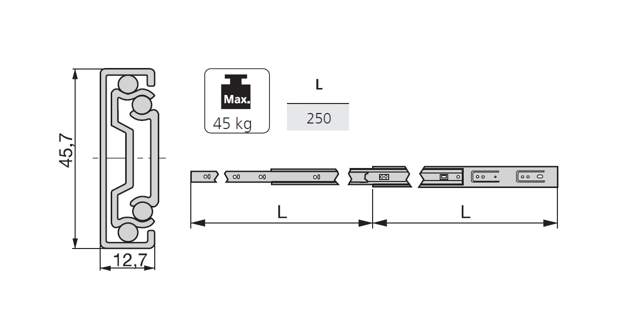Drawer Slide, steel, extension length =250 mm and load capacity of 45 kg