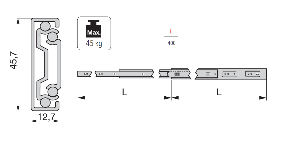 Drawer Slide, steel, extension length =400 mm and load capacity of 45 kg