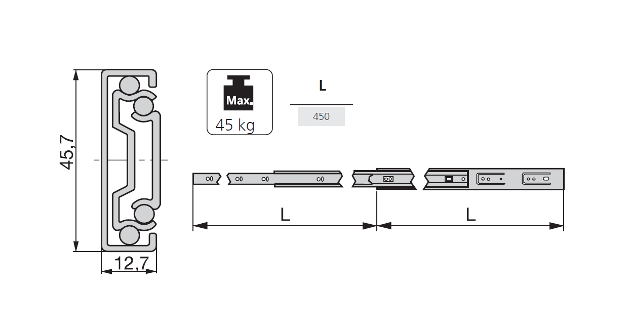 Drawer Slide, steel, extension length =450 mm and load capacity of 45 kg