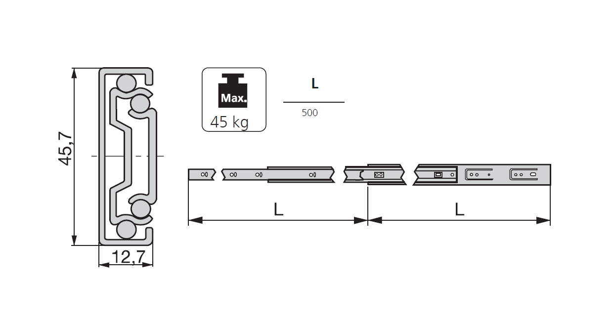Drawer Slide, steel, extension length =500 mm and load capacity of 45 kg