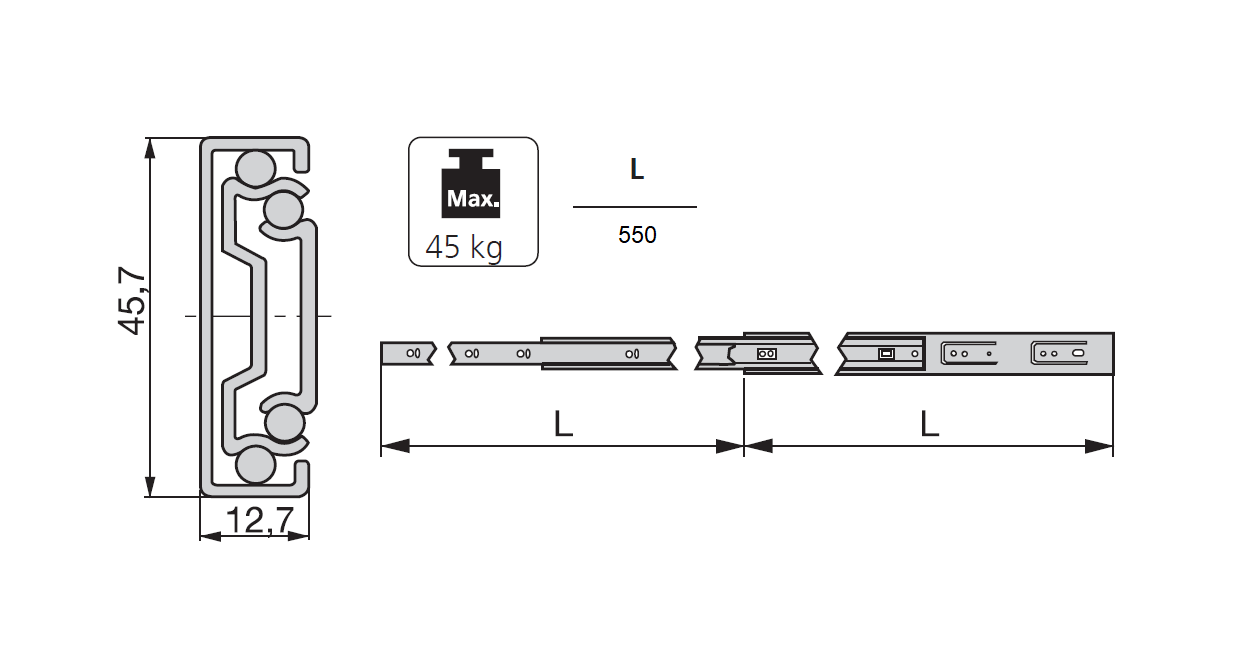 Drawer Slide, steel, extension lenght  =550 mm and load capacity of 45 kg