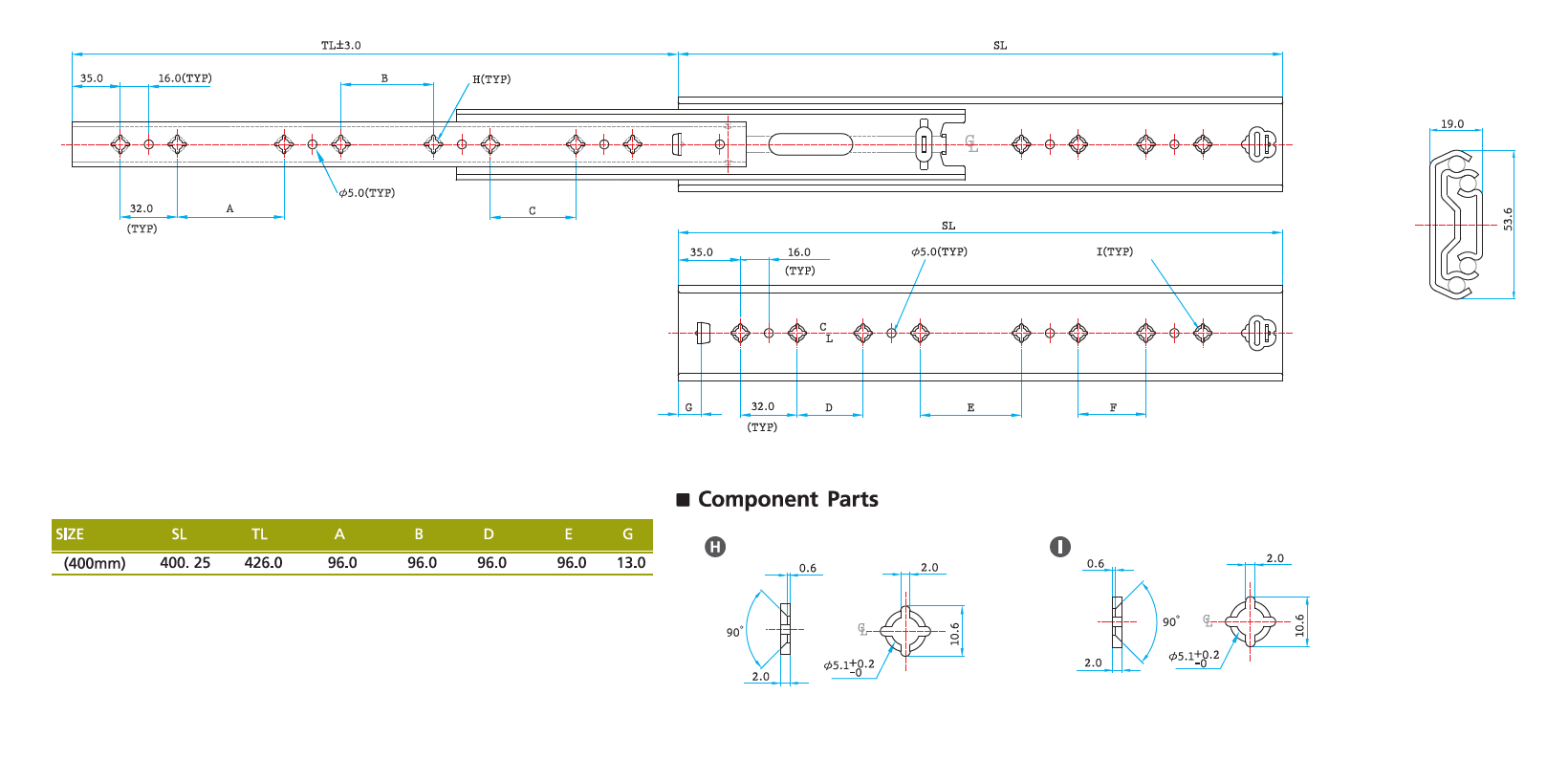 Drawer Slide, steel, extension length =426 mm and load capacity of 90 kg