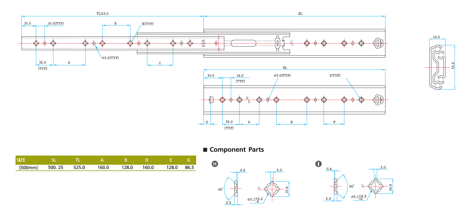 Drawer Slide, steel, extension length =525 mm and load capacity of 90 kg