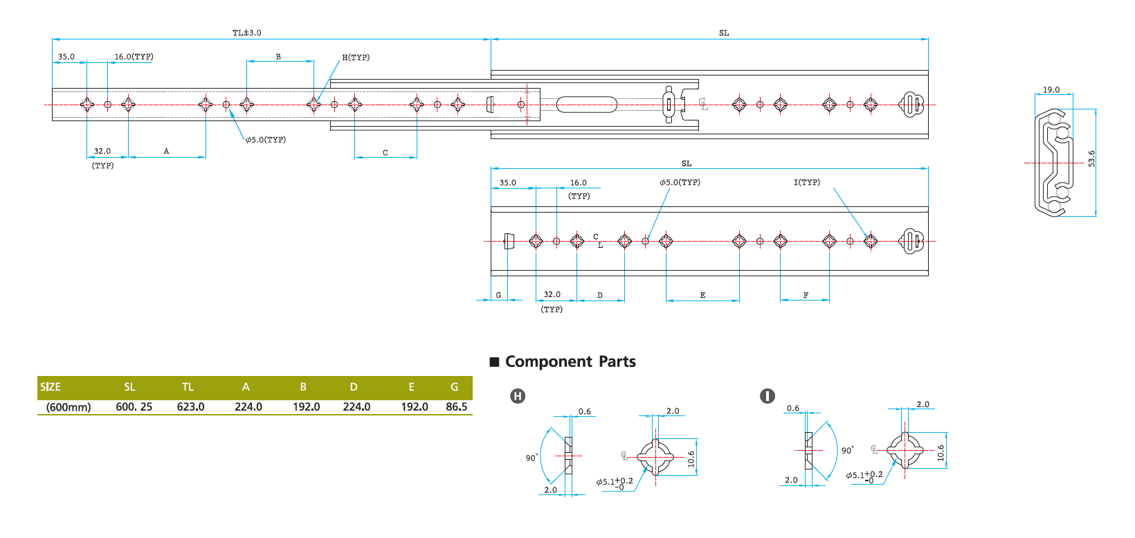 Drawer Slide, steel, extension length =623 mm and load capacity of 90 kg
