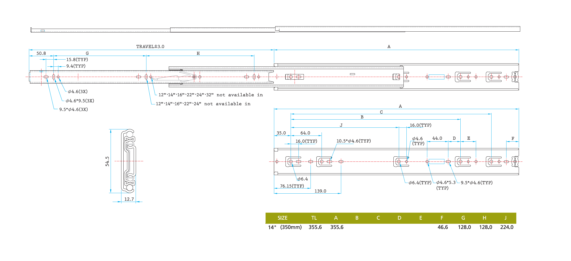 Drawer Slide, steel, extension lenght  =355,6 mm and load capacity of 68 kg
