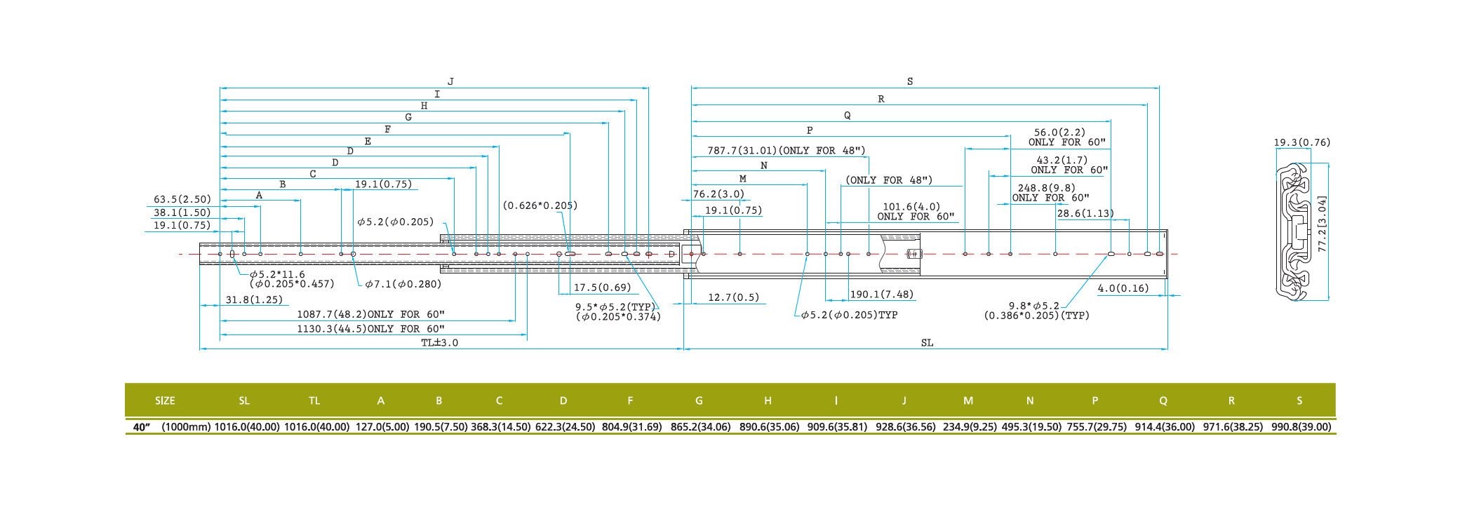 Drawer Slide, steel, extension length =1016 mm and load capacity of 180 kg