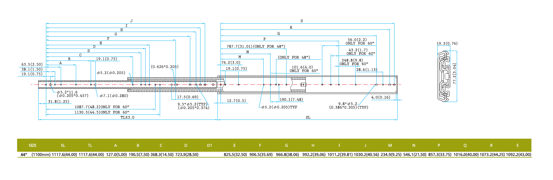 Drawer Slide, steel, extension length =1117,6 mm and load capacity of 180 kg