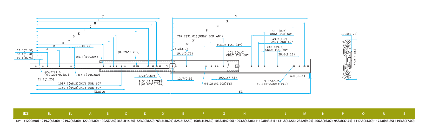 Drawer Slide, steel, extension length =1219,2 mm and load capacity of 180 kg