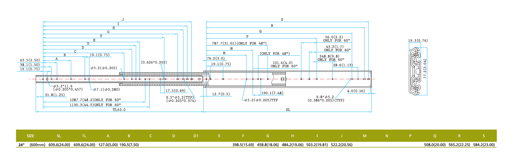 Drawer Slide, steel, extension length =609,6 mm and load capacity of 180 kg